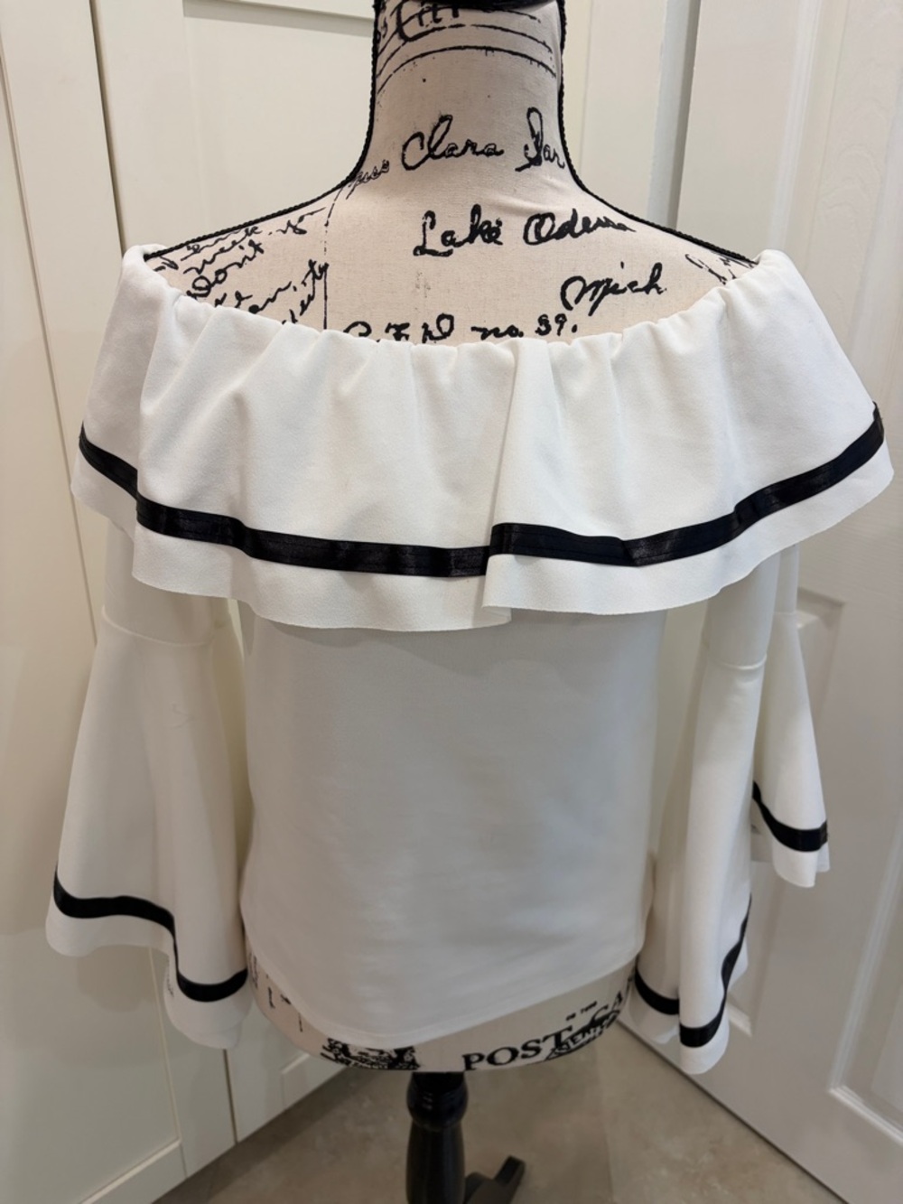Women’s Off-Shoulder White Ruffle Blouse with Black Trim - a Showstopper